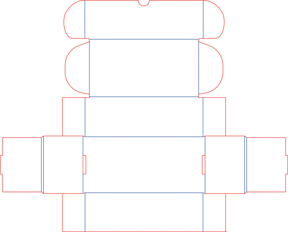 A flat cardboard box template diagram with white panels outlined in red and blue lines on a light gray background.